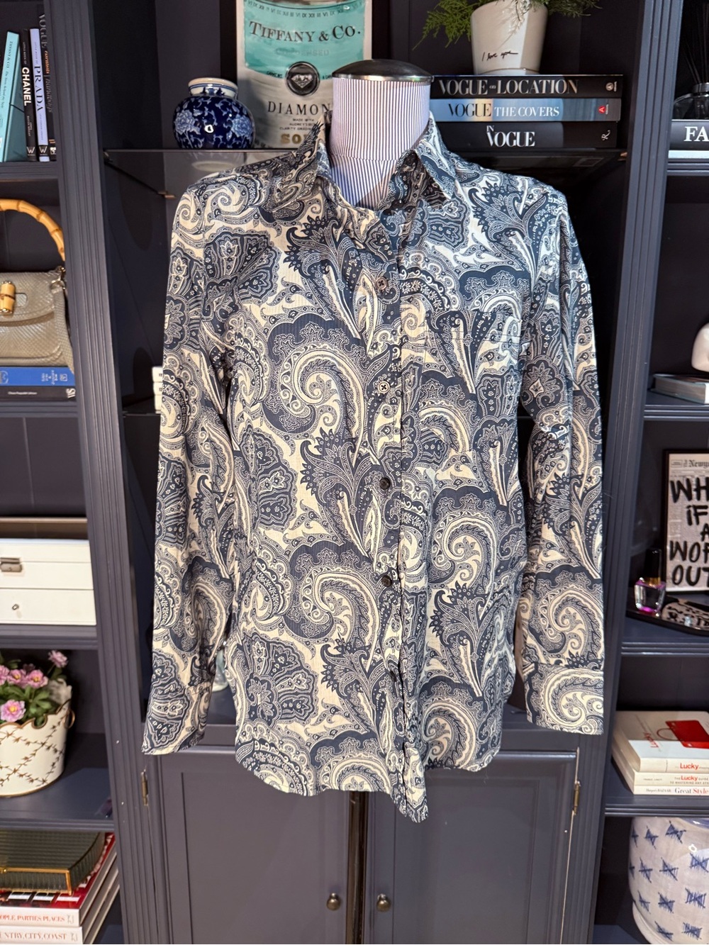 J.Crew Collection Paisley Button-Down Shirt – Blue & Cream – Size 8